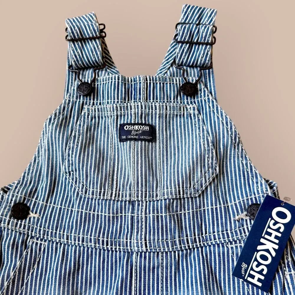 OshKosh B'gosh Railroad Striped Bib Shortalls Overalls Unisex 2T Blue White New